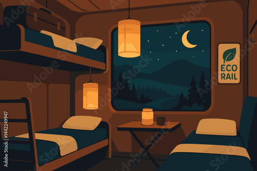 Flat slow-travel scene with bunk beds, paper lantern glow, and moon peaks