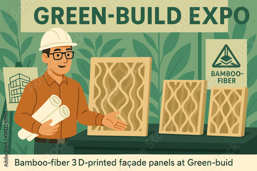 Flat build-tech scene with panels, print nozzle, and expo backdrop