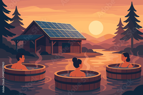 Flat wellness-green scene featuring PV roofs, mist steam, and sunrise glow