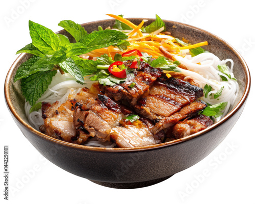 Delicious bowl of bun cha featuring grilled pork, fresh herbs, and rice noodles, garnished with vibrant vegetables. This dish is delightful blend of flavors and textures, perfect for satisfying photo