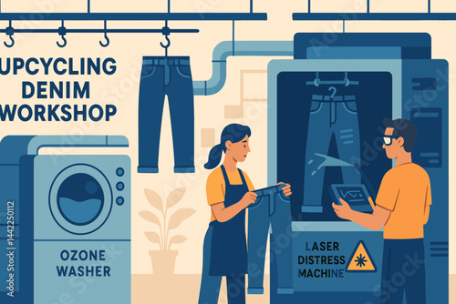 Flat fashion-tech scene with ozone cabinet, laser beams, and denim rolls