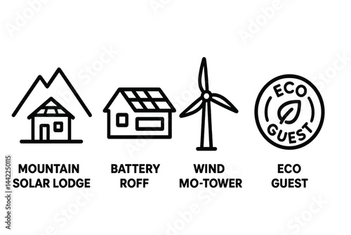 Eco-lodging icons joining solar, storage, wind, and approval