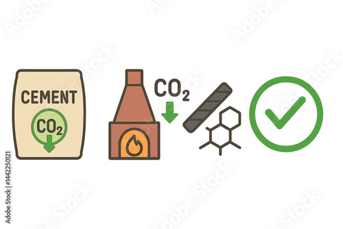 Cement-green icons merging material, emission cut, strength, and cert