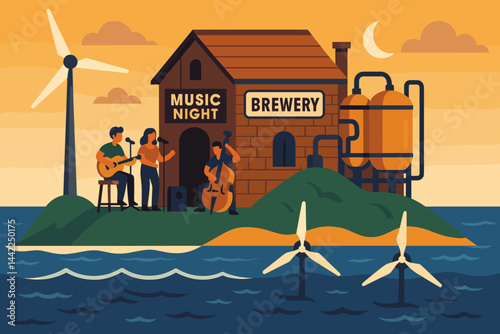 Flat island-brew scene with kegs, tidal unit, and guitar duo