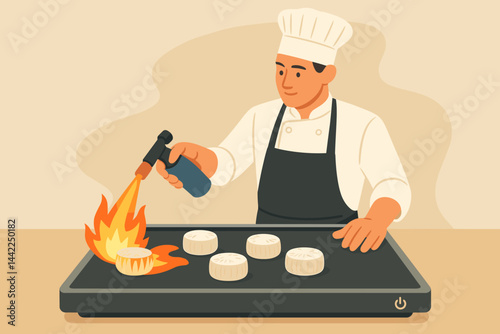 Flat alt-seafood scene showing mushroom medallions, blue induction glow, and plating tongs