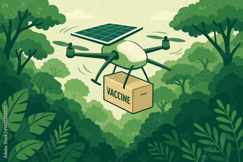 Flat health-tech scene with drone box, sun cells, and lush treetops