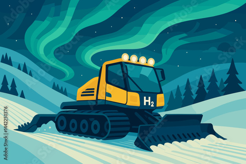 Flat winter-tech scene with groomer tracks, snowflakes, and green sky