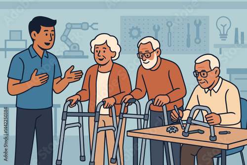 Flat intergenerational scene with parts bins, screwdrivers, and smiles
