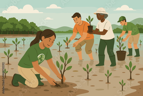 Flat coastal-action scene with saplings, mud flats, and teamwork