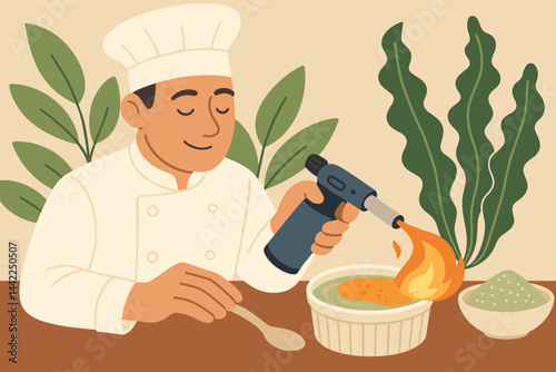 Flat dessert-tech scene with torch flame, green sugar jar, and plates