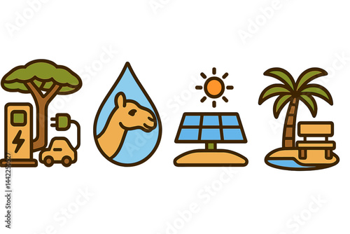 Desert-mobility icons mixing charge, hydration, energy, and rest