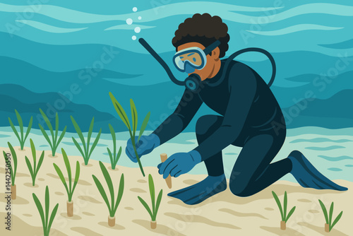 Flat restoration scene with diver, shoots, and sandy seabed