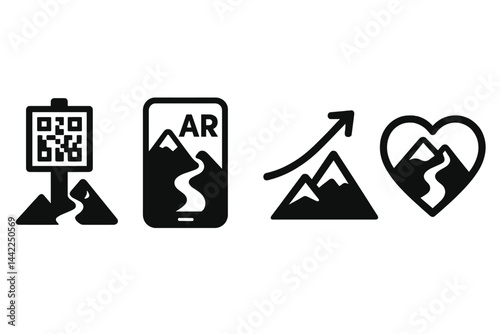 Hiking-tech icons merging code, view, climb, and care