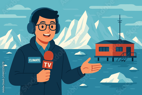 Flat media-science scene featuring camera, mic, and icy horizon