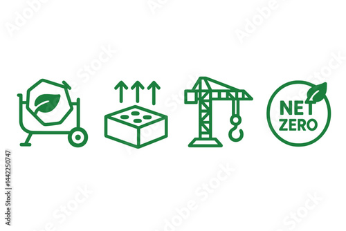 Construction icons combining material, process, structure, and goal