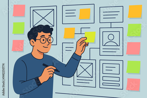 Flat tech-office scene blending creativity, wireframes, and agile planning