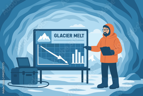 Flat polar-research scene linking data visuals, ice walls, and urgency