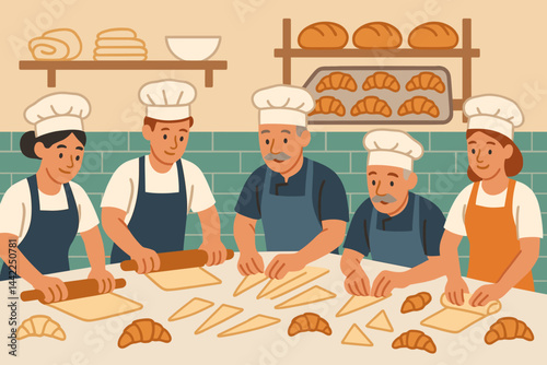 Flat bakery-training scene featuring precision rolling, butter layers, and teamwork