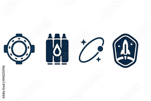 Aerospace icons portraying hardware, energy, trajectory, and identity