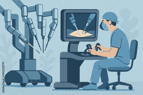 Flat medical-robotics scene illustrating precision, screens, and hands-off control