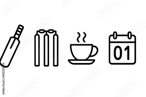 Cricket icons combining equipment, refreshment, and scoring