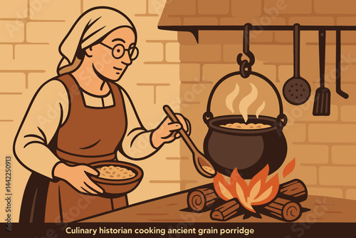 Flat food-heritage scene reflecting research, tradition, and flame
