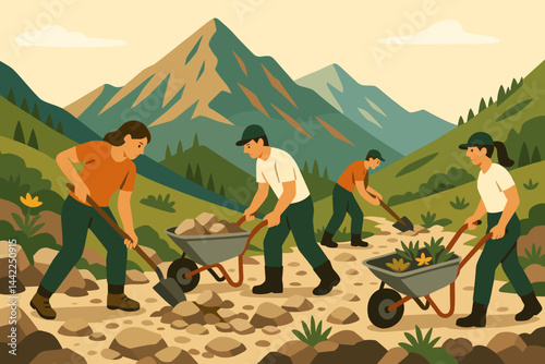 Flat outdoors-care scene featuring shovels, stone steps, and mountain vista