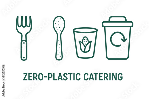 Tableware icons highlighting biodegradable cutlery, cup, and disposal cycle