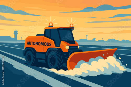Flat winter-ops scene displaying driverless plow, snow spray, and pink horizon
