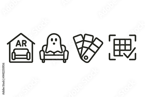 Decor-tech icons blending virtual placement, palette, mapping, and purchase