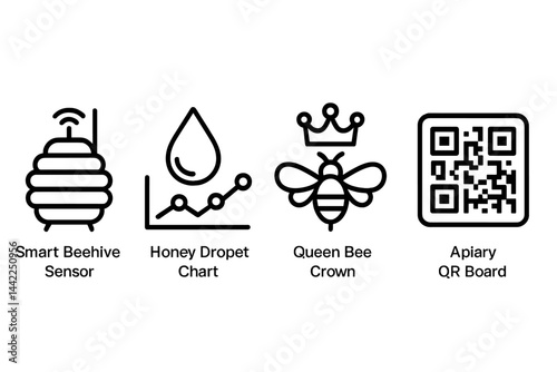 Apiculture-tech icons featuring sensor, product, queen, and ID scan