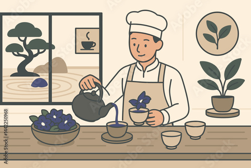 Flat calming scene featuring blue infusion, raked sand lines, and bonsai