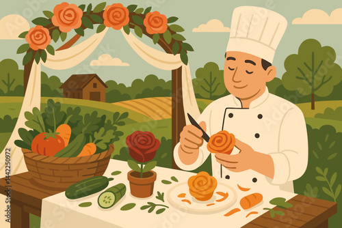 Flat artistic-food scene with carving knife, radish petals, and rustic decor
