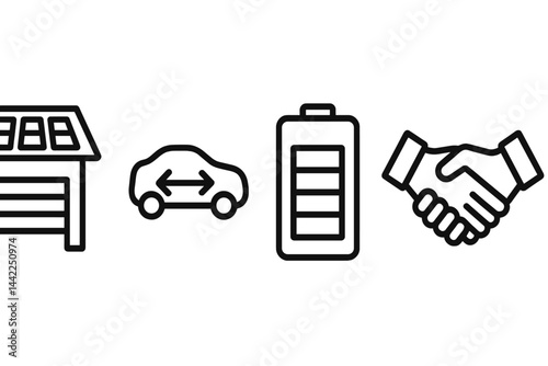 V2G icons joining charge, flow, storage, and partnership