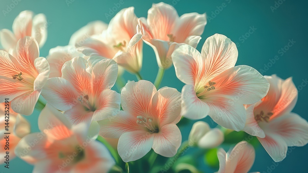 Fototapeta premium Peach Lily Elegance: Soft Petals in a Tranquil Blue Haze lily flower peach white floral blossom soft