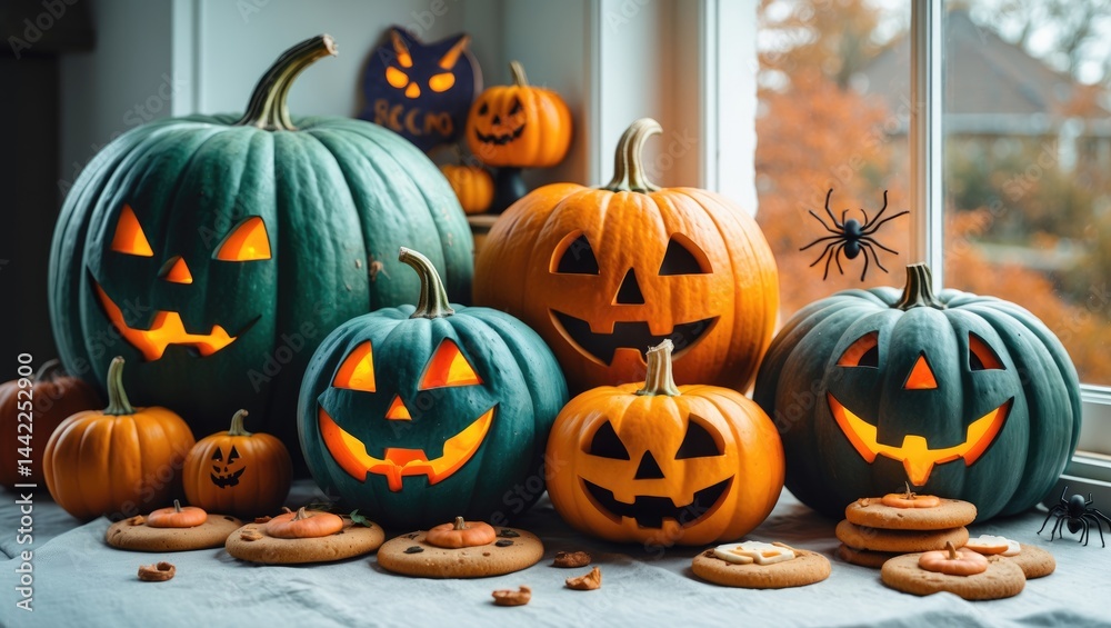 Fototapeta premium Fall-themed photo featuring Halloween pumpkins and home decorations.