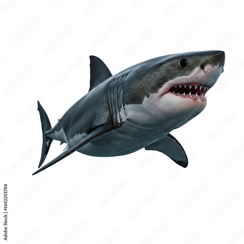 Fototapeta premium Great White Shark underwater predator powerful jaws dark ocean backdrop detailed 3D render intense