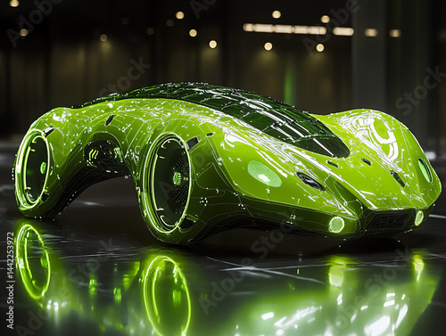 neon outline of a cute alien spaceship, bright green on a black background, futuristic and fun photo