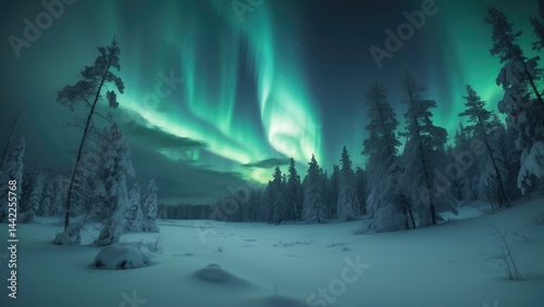 Beautiful winter scene showcasing the Aurora Borealis over snow-laden trees and a scenic cold night landscape