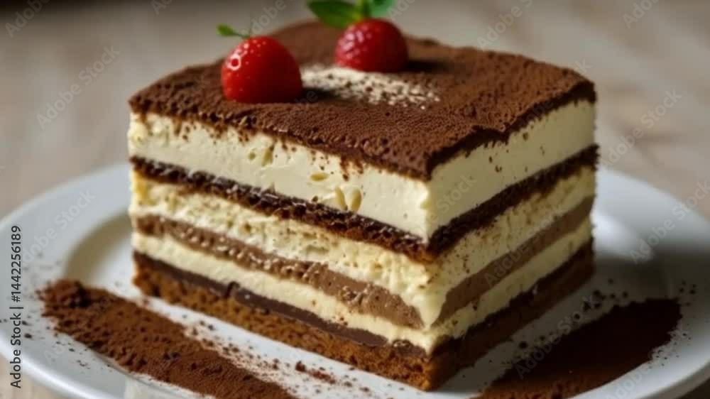 a square slice of layered dessert, elegantly presented on a white plate. a square slice of layered dessert, elegantly presented on a white plate.