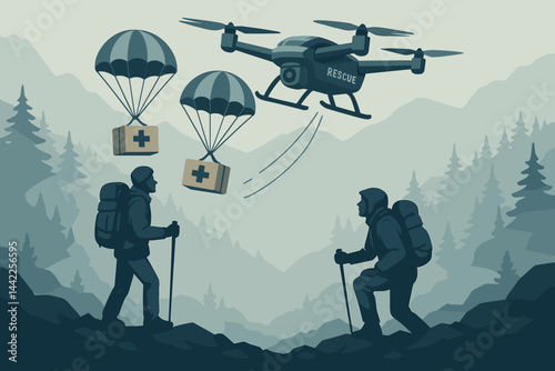 The scene is set in a flat high-alpine area where UAV delivery and aid kits are present amidst misty peaks