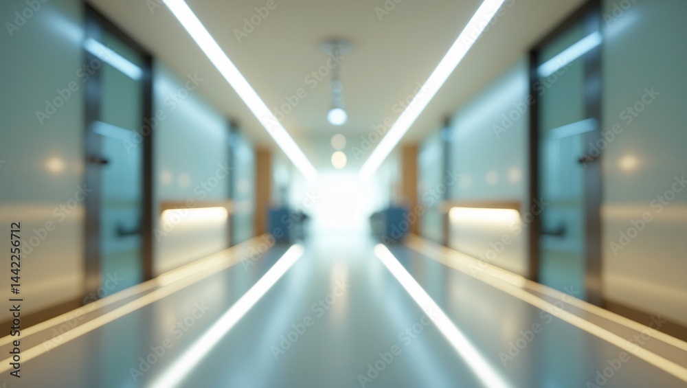 Fototapeta premium An interior with a blurred background displaying an empty long corridor, treatment rooms, and a waiting space for patients and families, enhanced by bright white lights.