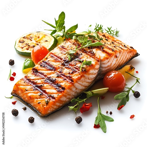 Grilled Salmon and Vegetables on Transparent Background isolated on white background