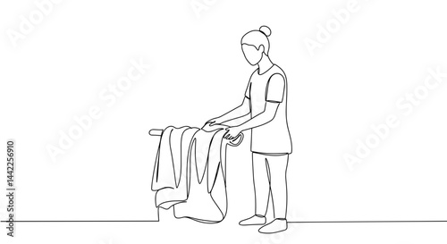 Person folding towels in a minimalist line art style  