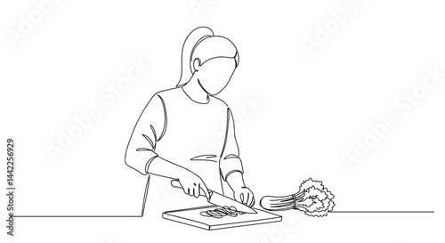One-line art person chopping vegetables in a minimalist kitchen  