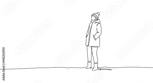 Woman in winter coat standing alone in a minimalistic landscape  