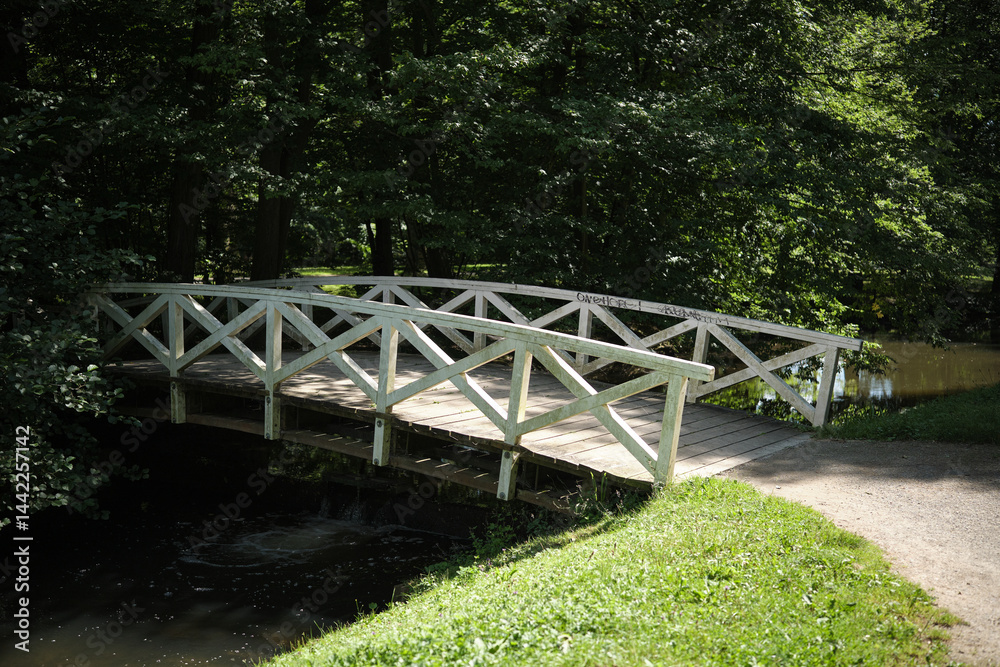 A Beautifully Charming Wooden Bridge Nestled Within an Exquisite Landscape of Lush Greenery