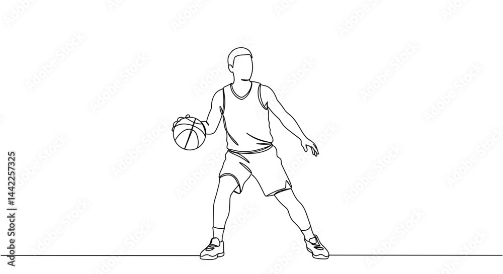 Fototapeta premium One-line art of a basketball player dribbling against a plain background 