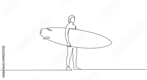 Surfer standing with surfboard on the beach in minimalist line art  