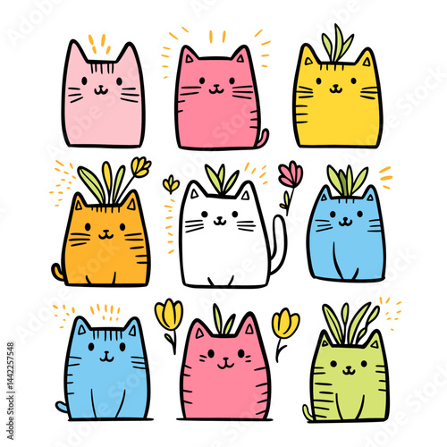 Set of nine cute cartoon cats in various colors with plants and flowers, smiling faces. Concept of pet care, animal lover, springtime.